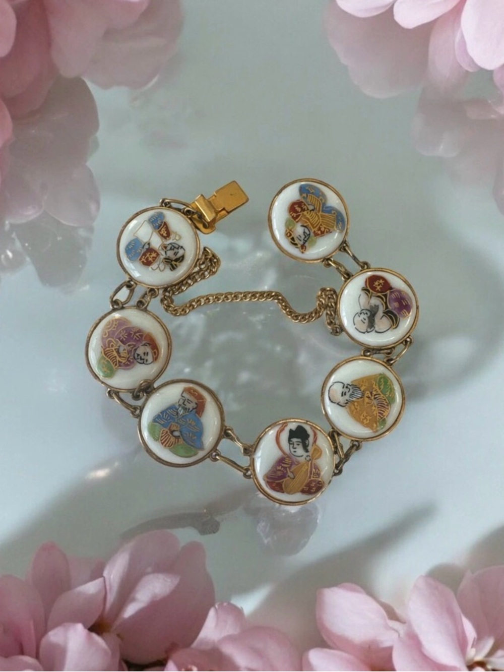 Antique Japanese Porcelain Bracelet Hand Painted Geisha Panels Vintage